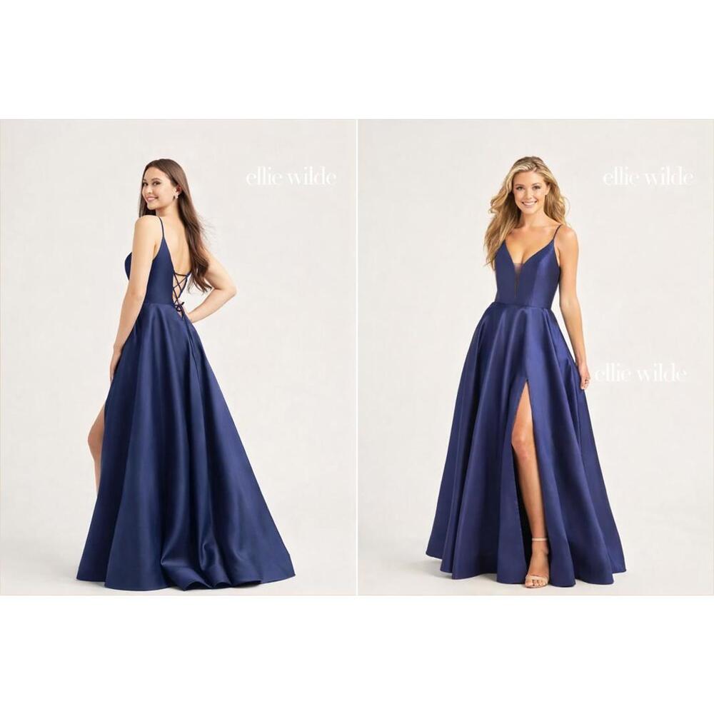 EW35232 Ellie Wilde Navy Blue Satin A-Line Gown Lace-Up Back & Slit sz 4 Prom